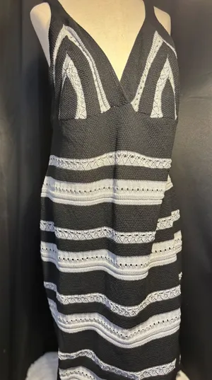Black and White Striped Knit V-Neck Sleeveless Maxi Dress Boho Beach Coverup thumbnail 1