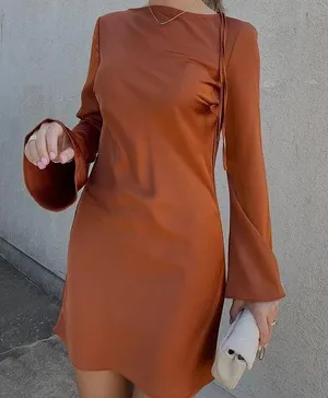 By Anthropologie Women’s Long Bell Sleeve Cowl Neck Satin Brown Mini Dress XS thumbnail 11