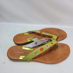 Marc Jacobs Flip Flop Sandals Women 6.5 Lime Green Tan Grommet Eyelet Flat Italy thumbnail 3