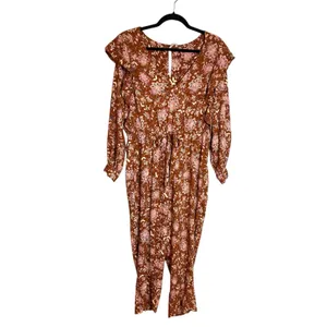 NWOT Free people lux floral jumpsuit ruffle brown‎ pink Sz S thumbnail 6