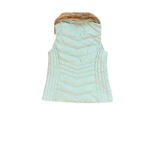 Talbots Womens aqua Down Puffer Vest Faux Fur Collar Chevron Quilted Small thumbnail 2
