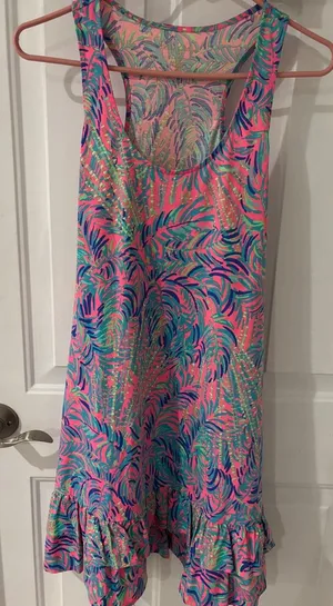 Lilly Pulitzer Ruffle Hem Tank Dress Sleeveless Palm Print‎ Pink S thumbnail 1