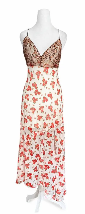 NWT Urban Outfitters‎ Harper Lace Printed Midi Dress Floral Slip Asymmetric XS thumbnail 1