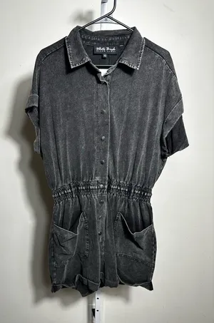 X110. white birch Washed Black Button-Front Short Sleeve Romper Top thumbnail 1