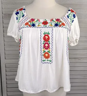 FOREVER 21 Embroidered Cropped Boho Blouse White/Multi-Small thumbnail 1