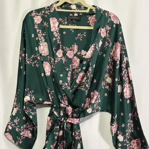 Eloquii Womens Satin Faux Wrap Dress Green Pink Floral Blossoms Kimono-Inspired thumbnail 3