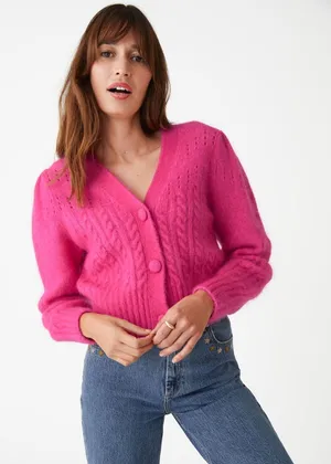 Paris Atelier &‎ Other Stories bright pink cable knit cardigan Wool Mohair small thumbnail 1