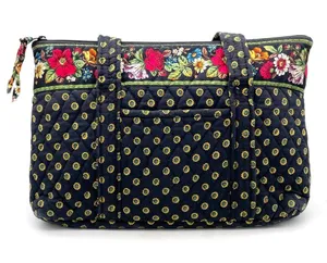 Vera Bradley Betsy Bag Vibrant Black Retired Quilted Floral Zip Top Tote Bag VTG thumbnail 1