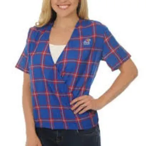 UG Apparel Kansas Jayhawks‎ Womens Medium Blue Plaid Surplice Wrap Top NWT NCAA thumbnail 1