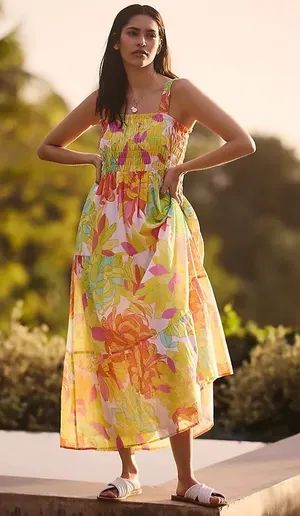 Seafolly Palm Springs Smocked Midi Dress in Lime Light Multi Floral Size Medium thumbnail 1