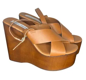 Steve Madden Cognac Leather Criss Cross Open Toe Slingback Galaxy Wedge Sandals thumbnail 1