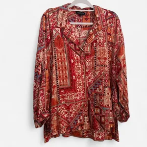 RACHEL ZOE Red-Orange Southwestern Boho Rayon Blouse Large thumbnail 3