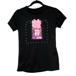 Black Graphic Tee Medium Perfume Bottle Sequin‎ Pearl Embellished Cute Girly Top thumbnail 1
