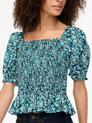 J.Crew Cotton Poplin Smocked Blue Green Floral Top Puff Sleeve Ruffle Hem Medium thumbnail 1