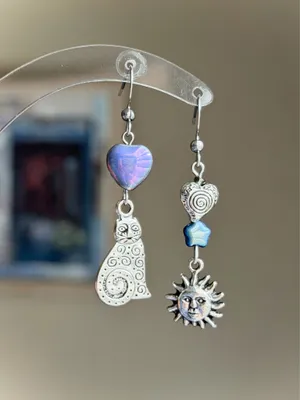 Handmade boho whimsy celestial cat quality Czech glass beads dangle earrings💜🐈 thumbnail 2