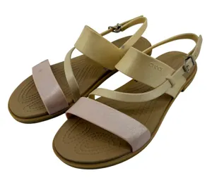 Crocs Tulum Strappy Sandal‎ Pink Clay Cream Tan Women 8 Shimmer Buckle Ankle thumbnail 1
