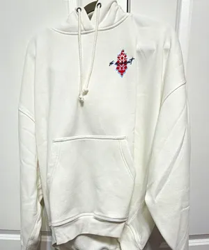 Free People White Graphic Logo Pullover Fleece Hoodie Sweatshirt Size L thumbnail 1