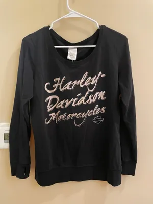 Harley Davidson Motorcycles Logo Long Sleeve Shirt Bling Rhinestones Script Black Women’s Medium thumbnail 1