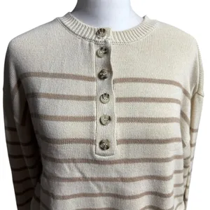Pink Lily Striped Button Neck Sweater Cream Tan Small Coastal Grandma thumbnail 4