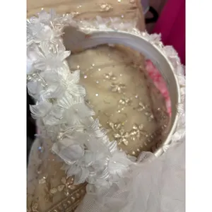 White Floral Bridal Crown Headband w/ Tiered Pearl Tulle Veil Wedding Accessory thumbnail 3