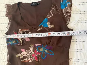 Floral V-Neck Brown Midi Dress with Pink & Blue Accents thumbnail 9