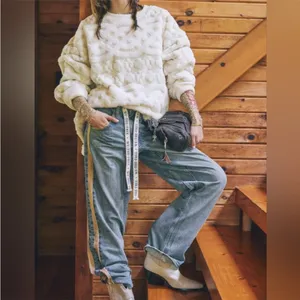 NWOT Free People Cable Knit Faux Fur Oversized Sweatshirt | Ivory Cream Sz Small thumbnail 3