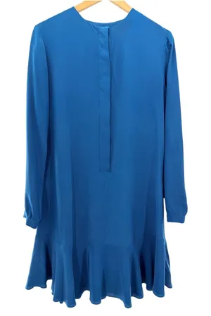 Iris &‎ Ink Blue 100% Silk Long Sleeve Flounce Hem Drop Waist Dress Button Front thumbnail 1