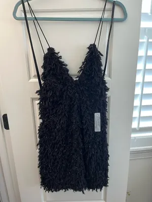 For Love And Lemons Dresses | Nwt For Love & Lemons Kamara Fluffy Shaggy Black Mini Strappy Dress thumbnail 3