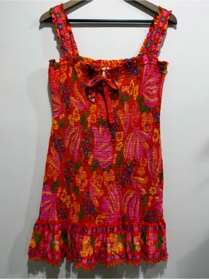 FARM Rio Floral Smocked Mini Dress Ruffle Tie Crochet Hem Large L thumbnail 2