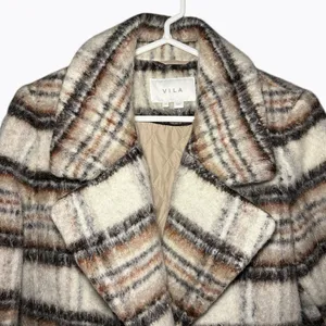 VILA Virooma Birch Check Wool Pea Coat Size M Plaid Quiet Luxury thumbnail 3