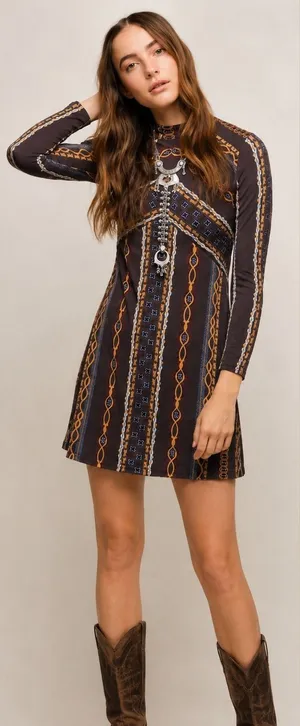 Free People Bloom Geometric Chevron Print Long Sleeve Mock Neck‎ Mini Dress S thumbnail 1