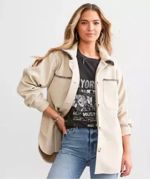 BKE Tan Felt Shacket Black Stitching Western Boho Jacket Button Front Sz Small thumbnail 1
