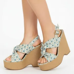 Juicy Couture Blue & Tan Print Fabric Platform Wedge Espadrille Sandal Shoes 7.5 thumbnail 1