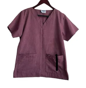 Landau Womens Scrub Top M Burgundy Check V-Neck 2 Pocket Medical Uniform Nurse‎ thumbnail 1