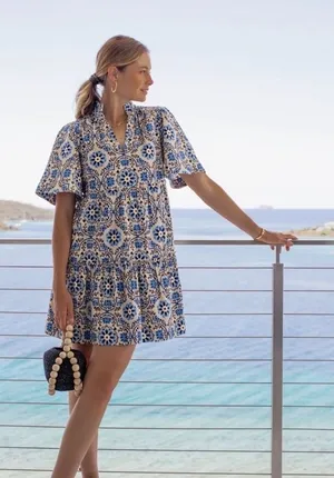 Tuckernuck Golden Medallion Crawford Dress Size Large Blue Cotton Mini thumbnail 1