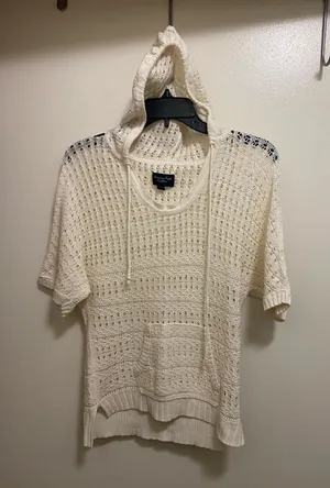 American Eagle Womens Hooded Crochet Knit Sweater S Ivory Cream Short Sleeve thumbnail 1