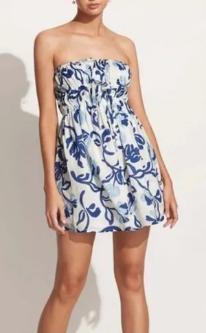 Faithfull the Brand Palmira 100% Linen Floral Strapless Mini Dress Small thumbnail 1