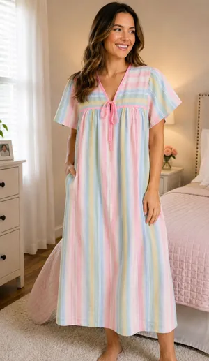 Vintage Katy Womens Size Small Nightgown Pastel Striped Maxi House Dress USA thumbnail 1