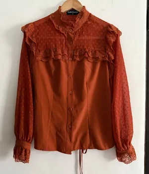 SCARLET DARKNESS Burnt Orange Victorian Style Lace Yoke Lace up Blouse Medium thumbnail 1