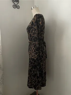 BCBGMaxAzria Black Wrap Midi Dress with Tan Floral Line Print thumbnail 2