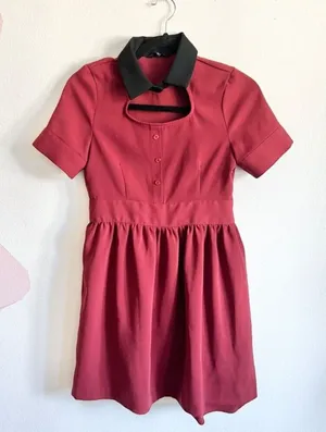 Burgundy Peter Pan Collar Dress, Dark Academia, Mod,‎ Coquette, Small, Soft Goth thumbnail 1
