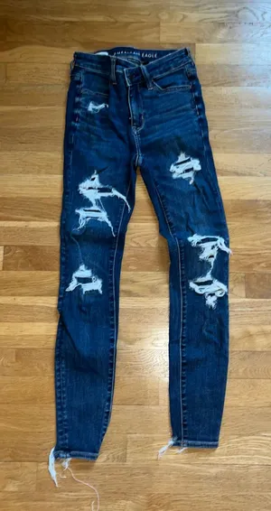 American Eagle Women’s Dark Blue Distressed Jeans thumbnail 1