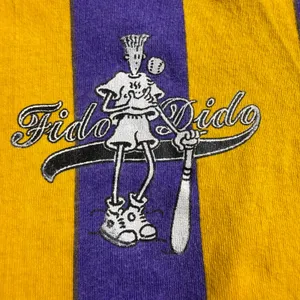 Fido Dido Baseball Jersey Women Medium Vintage 90s Y2K Purple Yellow Striped USA thumbnail 2