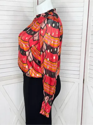 J Joie Printed Metallic Polka Dot Blouse Red Black‎ Pink Multi Large Smocked thumbnail 2
