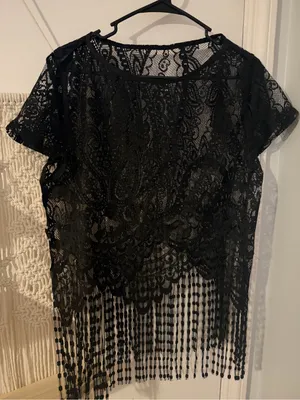 SHEIN Black Lace Fringe Overlay Top thumbnail 1