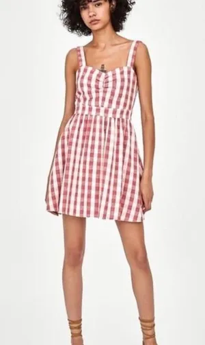 ZARA Red Gingham Checkered Sweetheart Dress Size M thumbnail 1