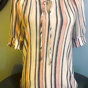 Ruffled Navy & Pink Striped Puff Sleeve Top with Tie Front thumbnail 3