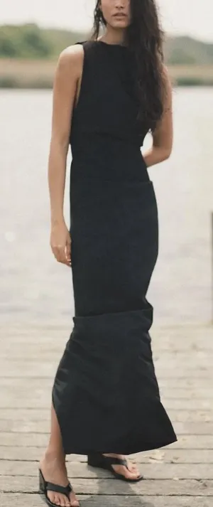 Zara Black Midi Dress Cowl Low Back 90s Minimalist‎ Capsule Hollywood Formal thumbnail 1
