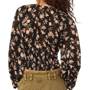 NWT Free‎ People New Final Rose Floral Ruched Cropped Blouse Top Black Sz Medium thumbnail 2