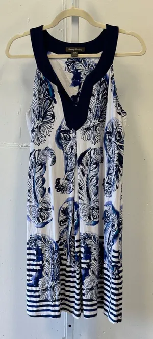 Tommy Bahama Paisley Stripe Sleeveless V-Neck Shift Midi Dress Large Blue White thumbnail 1